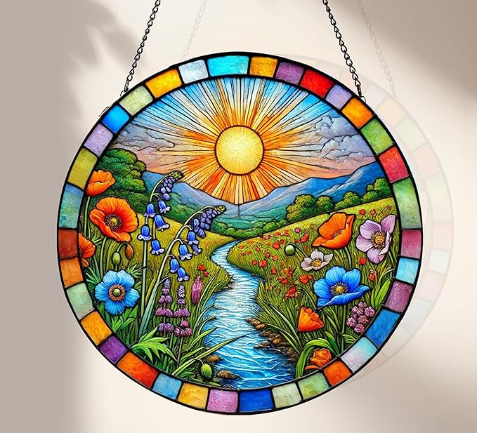Stained Glass Window Hanging, Scenery Sun Catchers Stained Glass Panels for Indoor Windows Wall Art Decor, Birthday Gift for Mom Women Wife Men Lovers (11.8inch)