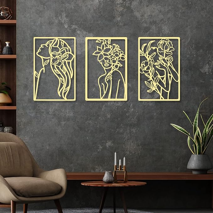 CHENGU Metal Wall Art (3 Pieces, Gold, Floral Style) - Minimalist Abstract Woman Line Drawing Wall Art Decor for Kitchen Bathroom Living Room