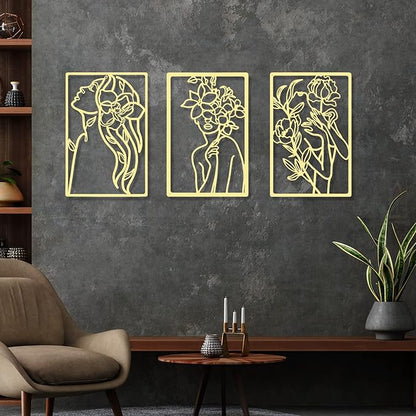 CHENGU Metal Wall Art (3 Pieces, Gold, Floral Style) - Minimalist Abstract Woman Line Drawing Wall Art Decor for Kitchen Bathroom Living Room