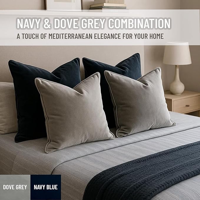 2 Pack Velvet Decorative Throw Pillow Covers, 20"x20", Navy Blue and Grey, Solid, Modern, Contrast Piping, Indoor Use, Bedroom & Living Room