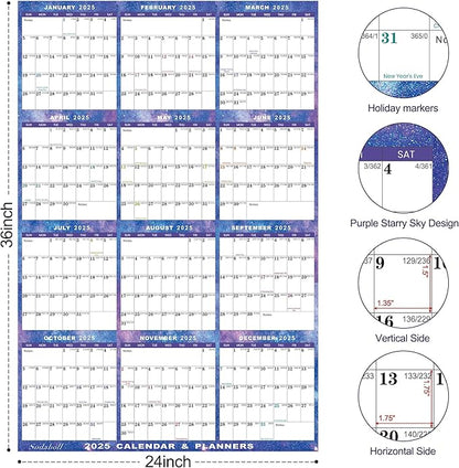 24" x 36" 2026 Wall Calendar Dry Erase - Large Starry Sky Calendar Wet & Dry Erasable Laminated 12 Month Annual Yearly Planner, Reversible, Horizontal/Vertical (2026 Wall Calendar)