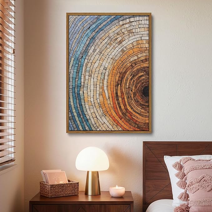 IBHJSART Framed Tree Ring Canvas Wall Art Vintage Colorful Wood Stump Painting Prints Modern Minimalist Pictures Neutral Nature Rustic Farmhouse Decor Living Room Bedroom Bathroom Office