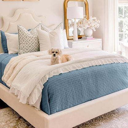 EVERGRACE x Kinsey Walsh Cross Stitch Pre-Washed Cotton Quilt Bedding Set Queen Size, Oversized 3 Pieces Lightweight Bedspread Coverlet for All Season, with 2 Matching Shams, Dusty Blue, 92"x96"
