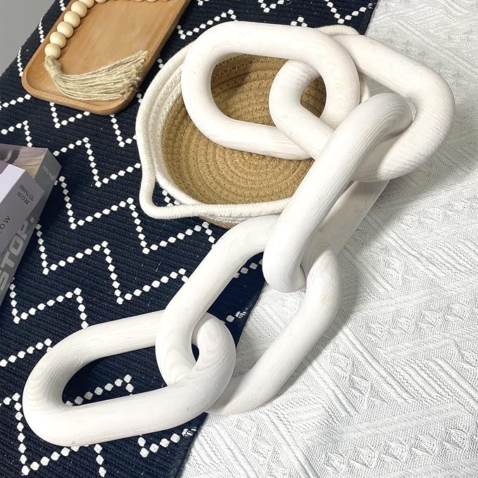 Wood Chain Link Decor | Hand Boho Carved Decor for Table , Shelf Decor Accents Rustic Farmhouse Aesthetic 5 Link Chain knot Decor Home Living Room, Bedroom, Entryway Coffee Table Decor (White)