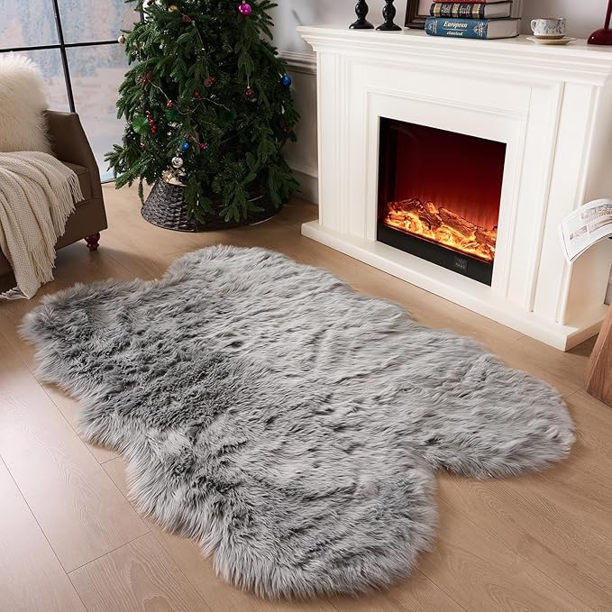 Fluffy Faux Fur Rug Grey Sheepskin Area Rug,4x6 Ft Ultra Soft Shaggy Plush Rug for Bedroom Bedside Living Room Nursery Kids Room