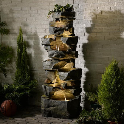 58" H Outdoor Water Fountain with 7 Tiers New Upgraded Large Cascading Realistic Rock Waterfall Fountains with Lights Outdoor Water Fountain for Garden Patio Backyard Porch Home Decor