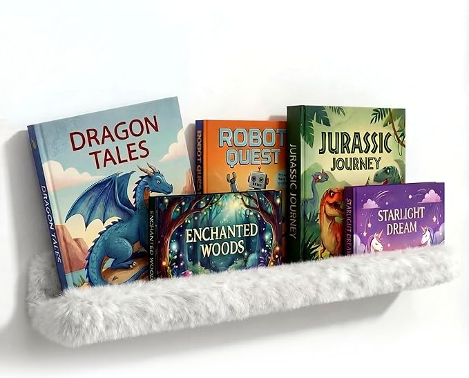 1PC Plush Bookshelf for Kids, Soft Hanging Book Display Shelf for Nursery Wall, Easy Mount Floating Bookshelf Display Organizer, Unique (White)