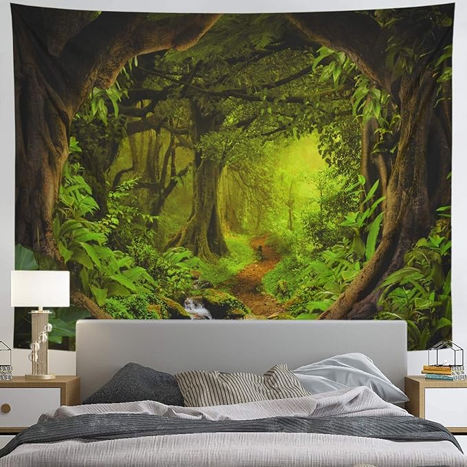 Tushelia Forest TreeTapestry Tree of Life Tapestries Nature Landscape Wall Decor Stream Through Rainforest Tapestry Wall Hanging for Living Room