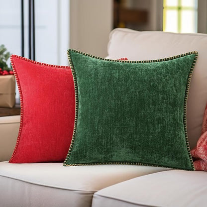 decorUhome Spring Chenille Soft Throw Pillow Covers 18x18 Set of 2, Farmhouse Velvet Neutral Decorative Pillow Covers with Stitched Edge for Couch Sofa Bed Home Decor, Red