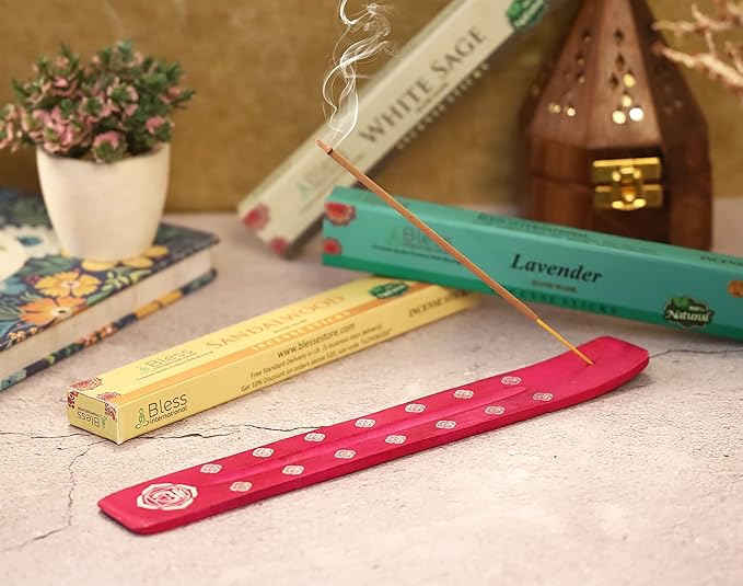 Bless-International Traditional-Handmade-Burner Wooden-Incense-Stick-Holder Ash-Catcher-Stand for-Aromatherapy-Meditation-Yoga (Heart Pink) 10 Inches, Pack of 2