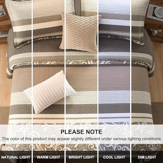 Lightweight King Bedspreads 128x120, 100% Cotton Oversized Quilt, Striped Botanical Pattern Coverlet, Reversible Farmhouse Quilted Bedding Set 3 Piece, Brown/Beige