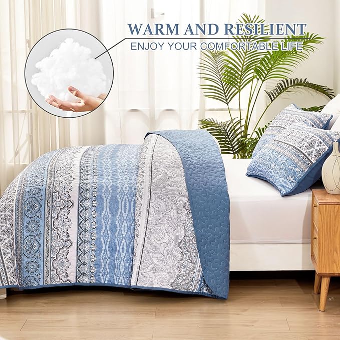 WONGS BEDDING Boho Queen Quilt Set, Light Blue Bohemian Queen Quilt Bedding Set, Lightweight Microfiber Bed Decor Bedspread for All Season 96"x90"(3 Pieces)