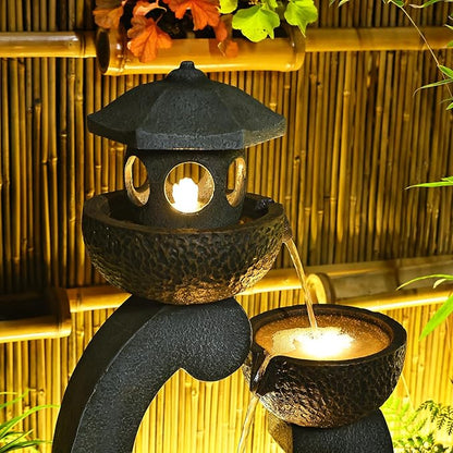 35.24”H Zen Outdoor Water Fountain Garden, Japanese Lantern Multi-Tier Waterfall Fountain Water Feature with Lights for Patio, Garden & Porch