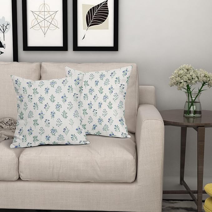 Blue Green Block Print Pillow Covers 16x16 Set of 2 Decorations Vintage Floral Throw Pillow Covers Decor Rustic Pillowcases Flower Pattern Farmhouse Cozy Soft for Sofa Bed Chair Home Decorative