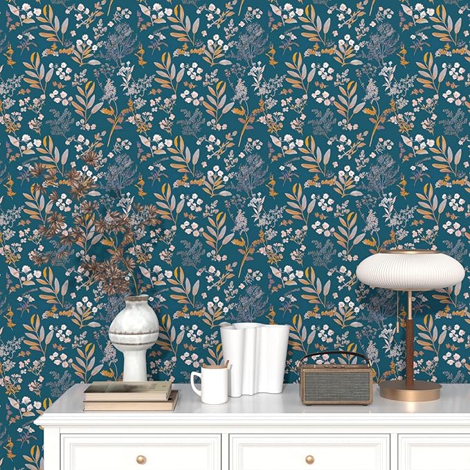 Vintage Wallpaper Peel and Stick Dark Blue Floral Wallpaper 17.5'' x 118'' Gold Leaf Contact Paper Vinyl Waterproof Self Adhesive Boho Botanical Wall Paper for Bedroom Cabinet Décor