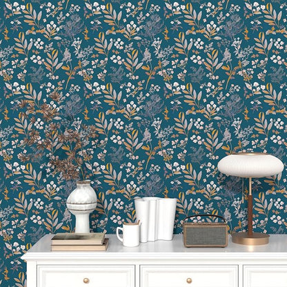 Vintage Wallpaper Peel and Stick Dark Blue Floral Wallpaper 17.5'' x 118'' Gold Leaf Contact Paper Vinyl Waterproof Self Adhesive Boho Botanical Wall Paper for Bedroom Cabinet Décor