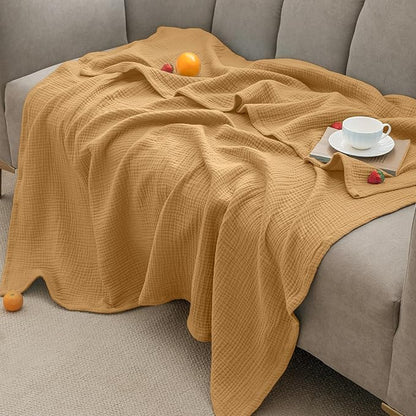 PHF 100% Cotton Muslin Blanket Twin XL Size 66"x90", 4-Layer Lightweight Gauze Throw, Breathable Cloud-Soft Minimalist Blanket for Bed, Couch, Camping & Baby, Amber, Ideal Gift