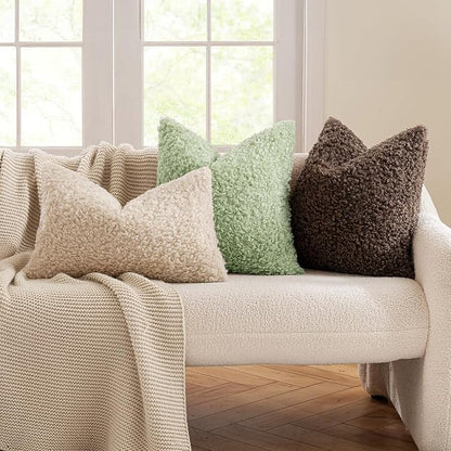 MIULEE Pack of 2 Light Green Faux Fur Throw Pillow Covers 18x18 Inch Boucle Decorative Sherpa Spring Pillow Covers Fuzzy Accent Soft Sheepskin Fleece for Boho Home Decor Sofa Living Room Couch Bed