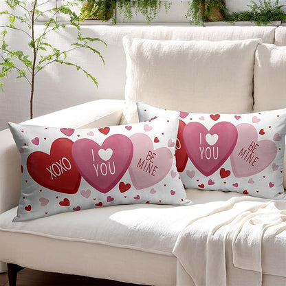 Valentines Day Pillow Covers 12x20 Set of 2 White Pink Heart Throw Pillow Covers Love Pillowcase Linen Decoration Farmhouse Holiday Cozy Soft Cushion Case Couch for Indoor Outdoor Home Decor