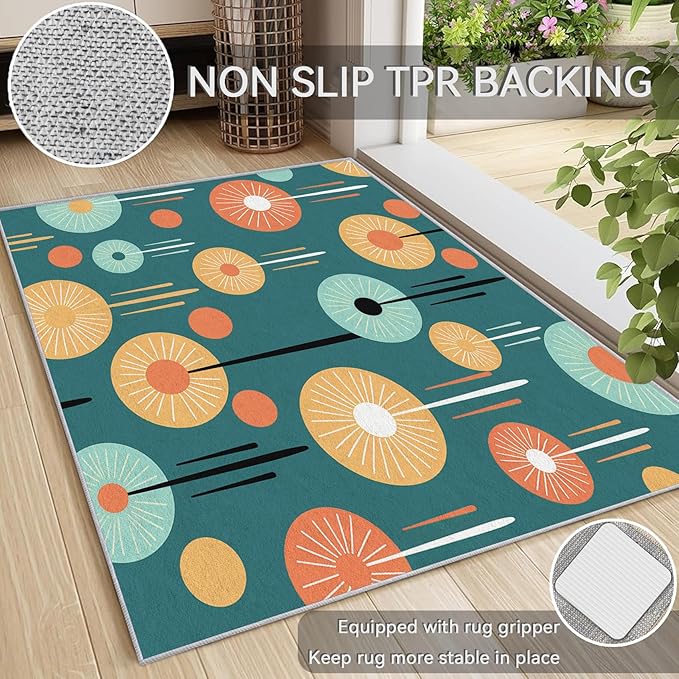 Mid-Century Modern Rug Runner - Retro Mid Century Carpet, 5x8 Rug, Colorful Circle Aesthetic Rug & Home Decor, Contemporary Area Rug & Room Decor, Washable Non Slip Anti Skid Rugs