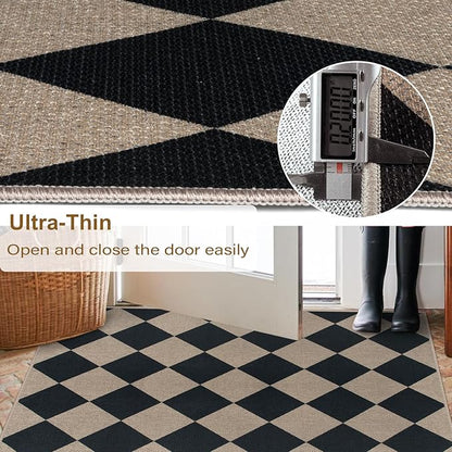 Easy Jute Black Checkered 8x10 Area Rug, Washable Modern Outdoor Rug for Patio Non-Slip Diamond Rugs for Living Room, Neutral Farmhouse Floor Carpet for Bedroom Dining Room Classroom