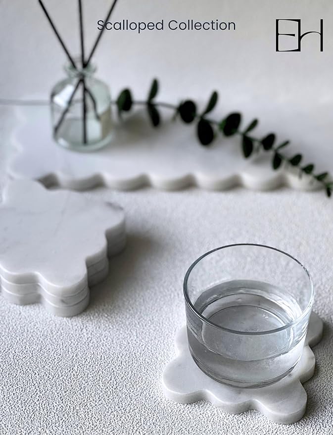 Marble Coasters Set of 4 - Natural Stone Coaster for Drinks, Modern Cup Holders, Bar Coffee Table Desk Decor, Cool Home Decor 4" (Calacatta White, Scalloped Square)