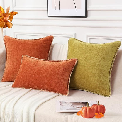 decorUhome Spring Chenille Soft Throw Pillow Covers 18x18 Set of 2, Farmhouse Velvet Neutral Decorative Pillow Covers with Stitched Edge for Couch Sofa Bed Home Decor, Rust