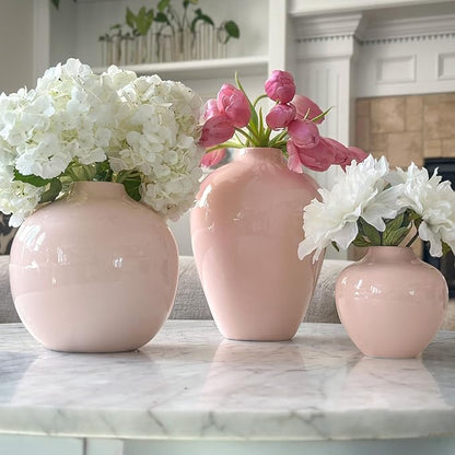 Willowy 7.5 Inch Beige Porcelain Vase with Glossy Finish - Tan/Pink/Beige Vases for Flowers, Vases for Decor, Round Vase for Pampas Grass