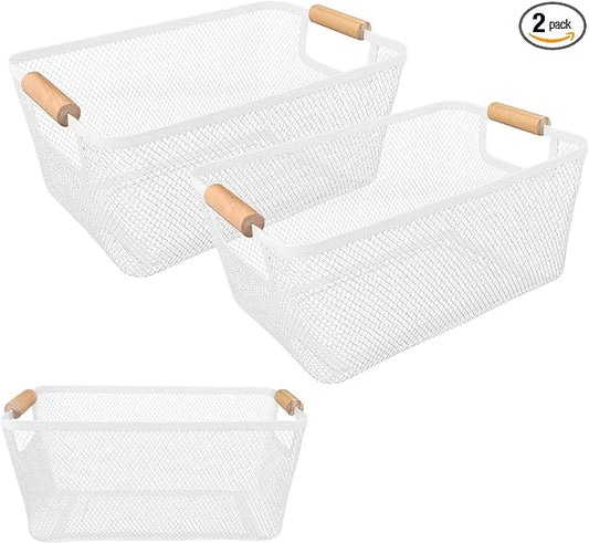 2Pack Metal Mesh Steel Basket with Bamboo Handle - Wire Metal Basket for Kitchen Organization, 12" Wide Food Organizer Bin, Perfect for Organizing Bulk Pantry (WHITE)