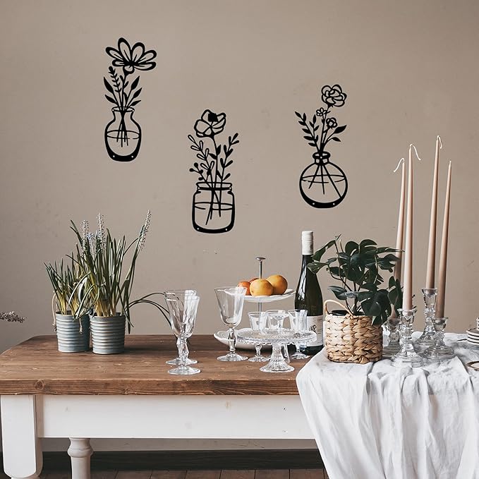 3 Pieces Black Metal Flowers Wall Decor Stocking Stuffers for Teen Girls Christmas Birthday Gifts for Women Wall Art Metal Wall Sculptures Hanging for Indoor Kitchen Bathroom Bedroom living room 14.56x5.9 inches