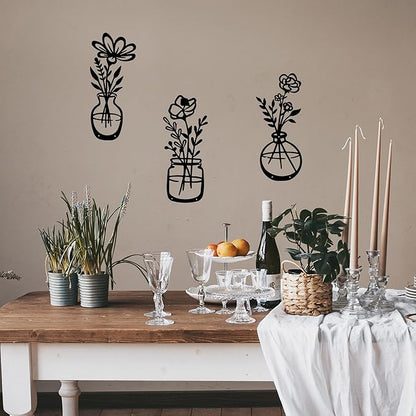 3 Pieces Black Metal Flowers Wall Decor Stocking Stuffers for Teen Girls Christmas Birthday Gifts for Women Wall Art Metal Wall Sculptures Hanging for Indoor Kitchen Bathroom Bedroom living room 14.56x5.9 inches