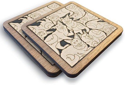 02 German Shepherd Dog Coaster - German Shepherd Dog Puzzle Wooden Coaster Set - Interlocking Jigsaw Drink Mats with Laser-Cut Design