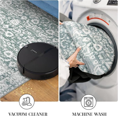 Vintage Floral 2x6 Runner Rug, Sage Green White Washable Kitchen Runner Rug Non-Slip Hallway Rug Runner Thin Printed Faux Wool Super Soft Carpet for Entryway Bedroom Laundry Room Indoor