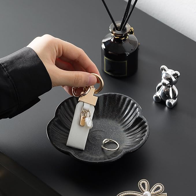 Flower Shape Ring Tray Jewelry Dish Key Bowl Ceramic Trinket Tray Decorative Jewelry Dish for Rings Necklace Earring Key Watch Home Decoration for Friend Sister Mom (Black)