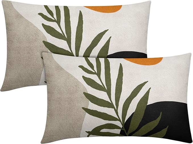 Spring Boho Pillow Covers 12x20 Set of 2 Abstract Mid Century Throw Pillow Covers Green Pillowcase Linen Decoration Farmhouse Soft Decorative Aesthetic Cushion Case Couch for Indoor Outdoor Home Decor