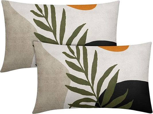 Spring Boho Pillow Covers 12x20 Set of 2 Abstract Mid Century Throw Pillow Covers Green Pillowcase Linen Decoration Farmhouse Soft Decorative Aesthetic Cushion Case Couch for Indoor Outdoor Home Decor