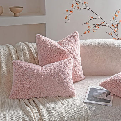 Neelvin Set of 2 Faux Fur Throw Pillow Covers 16x16 Inch Pink Cozy Soft Solid Decorative Pillowcases Thick Plush Sheepskin Cushion Case for Chair and Couch Sofa Bedroom