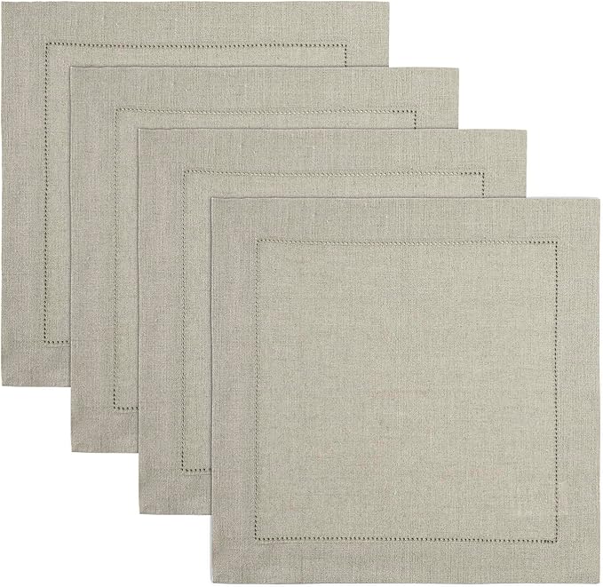 Solino Home Linen Square Placemats Set of 4-100% Pure Linen Natural Cloth Placemats 14 x 14 Inch - Classic Hemstitch, Machine Washable Place Mats for Holiday