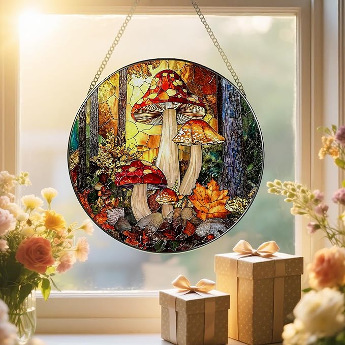 8-Inch Mushroom Suncatcher Ornament: Stained Glass Window Hanging & Decor, Sun Catchers Indoor Window — Gifts for Christmas & Holidays, Ideal Gifts for Nature and Mushroom Lovers, Gift Idea