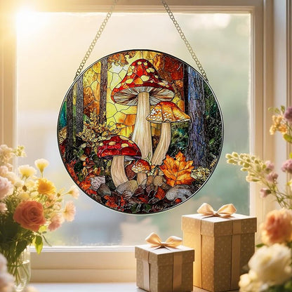 8-Inch Mushroom Suncatcher Ornament: Stained Glass Window Hanging & Decor, Sun Catchers Indoor Window — Gifts for Christmas & Holidays, Ideal Gifts for Nature and Mushroom Lovers, Gift Idea