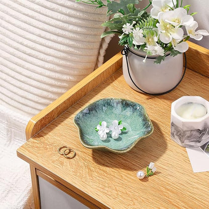 WHJY 2 Pack Ceramic Jewelry Dish 4.3 Inch Ring Holder for Women Decorative Lotus Flower Trinket Tray for Room Decor Pink and White Vanity Storage for Ring Earring Necklace