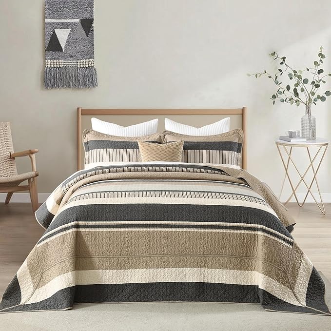 Finlonte Bedspread King Size 100% Cotton Oversized King Size Bedspreads Charcoal Brown Beige Extra Super King Quilted Bed Spread Striped Farmhouse Lightweight Soft Bedding Set for All Season, 3 Piece