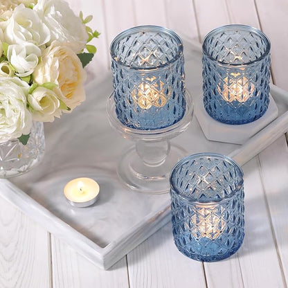8Pcs Large Votive Candle Holders Blue Tea Light Candle Holders Glass Candle Holder for Wedding, Bridal Shower, Table Centerpiece, Party, Home Decor