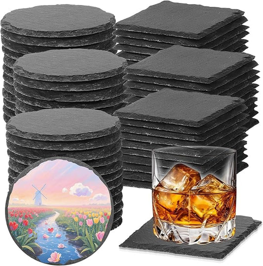 72pcs Slate Coasters Black 4 Inch Bulk Blank Rock Coasters Blank Laser Engraving, Hand Painted DIY, Scratch Resistant Bottom (36*Square+36*Round)