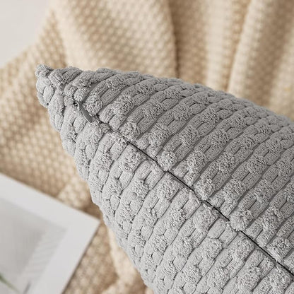 Kevin Textile 14x36 Inch Long Lumbar 1 Pack Boho Decorative Throw Pillow Cover Soft Striped Corduroy Rectangle Cushion Case Farmhouse Solid Color Accent for Living Room Couch Sofa Bed, Light Grey