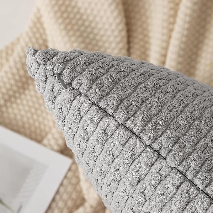 Kevin Textile 20x54 Inch Long Body Lumbar 1 Pack Boho Decorative Throw Pillow Cover Soft Striped Corduroy Rectangle Cushion Case Farmhouse Accent for Living Room Couch Sofa Bed, Light Grey