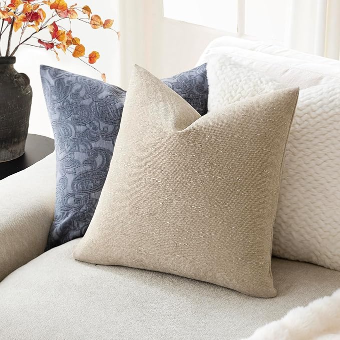 Foindtower Pack of 2 Soft Textured Chenille Throw Decorative Pillow Covers Square Accent Solid Cushion Cover Cozy Neutral Farmhouse Pillow Case for Couch Sofa Bedroom Living Room 16x16 Inch, Beige