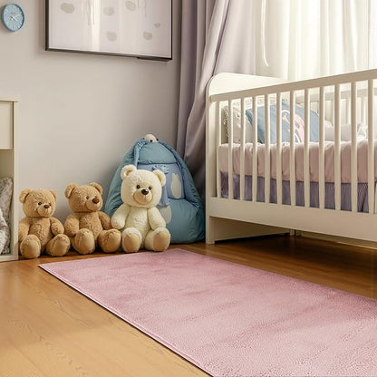 jinchan Solid Plush Runner Rug 2x5 Performance Shaggy Washable Hallway Rug Soft Modern Faux Wool Cozy Non Slip Carpet for Bedroom Laundry Room Living Room Kids Nursery Pink