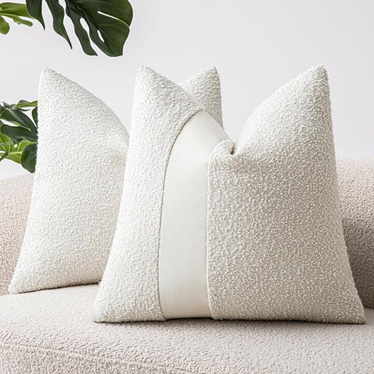 18"x18" White Boucle Throw Pillow Covers with Faux Leather Accents Set of 2 Fluffy Textured Decorative Pillow Cases for Couch Bed Boho Farmhouse Square Cushion Covers for Nordic Home Décor