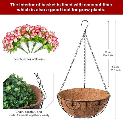 Artificial Hanging Flower Plants with Basket for Outdoor Decoration, Faux Petunias Flowers Fake Morning Glories Planter for Outside Patio Garden Porch Balcony Yard Decor(Pink)